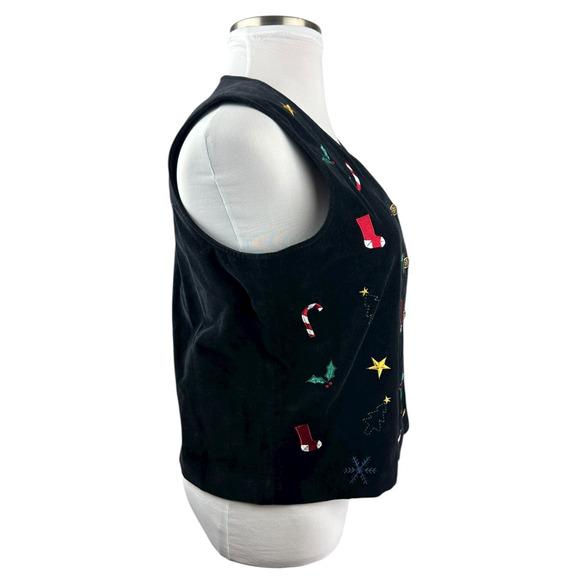 Talbots Christmas Themed Black Velvet Lined Button Up Vest Holiday Print Large - Picture 10 of 14